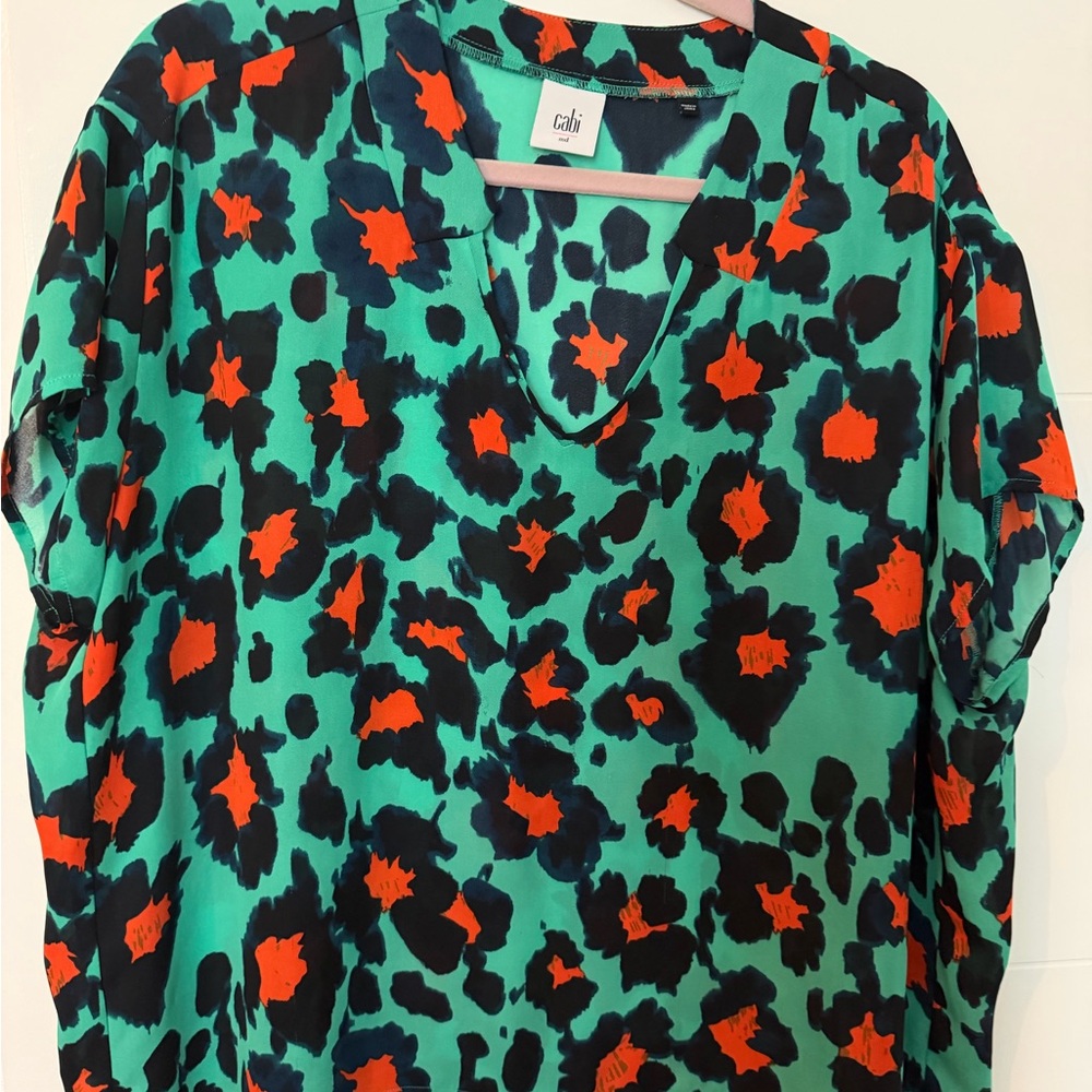 CAbi Green Boxy Blouse with Orange & Black Animal Print; Fits like a Large